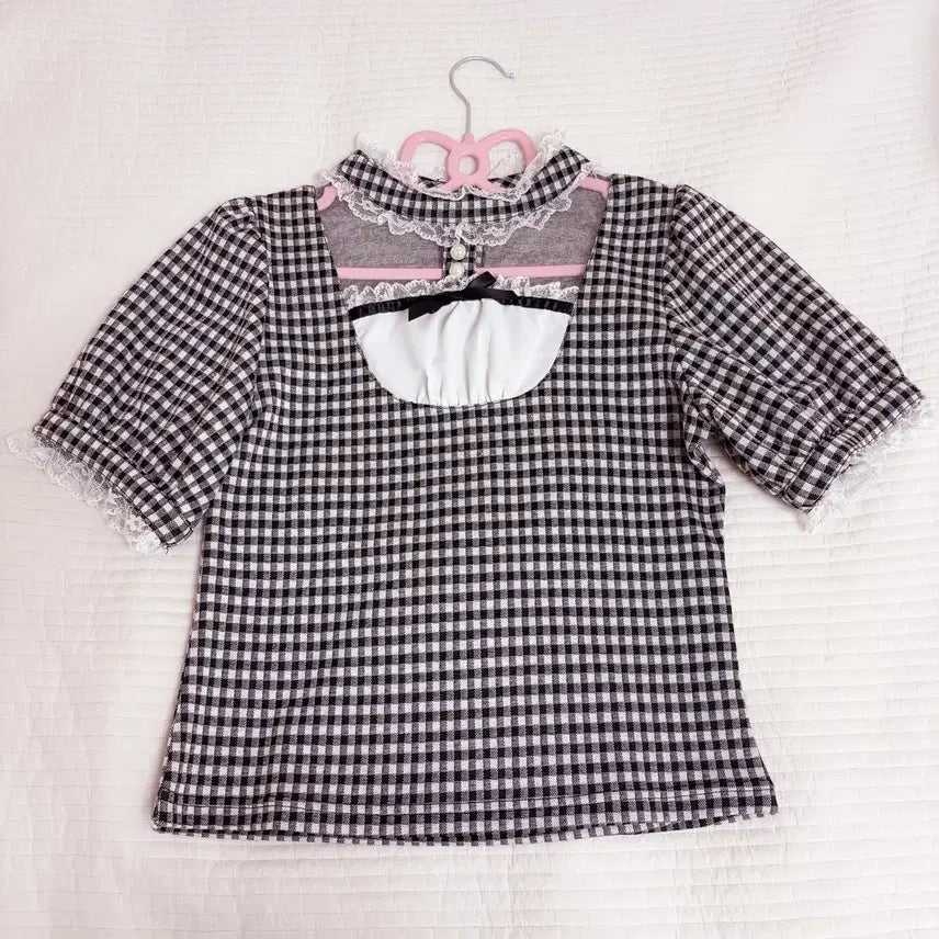 [BUNJANG] Nekura Gingham Check Choker Knit Top / nekura 네쿠라 깅엄 체크 초커 니트 탑 양산형 지뢰계 걸리 중브