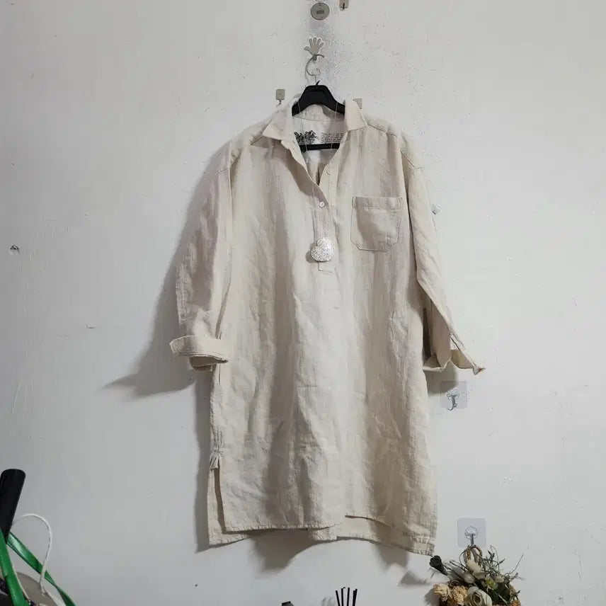 [BUNJANG] Linen Long Shirt Beige / 린넨 롱셔츠 베이지