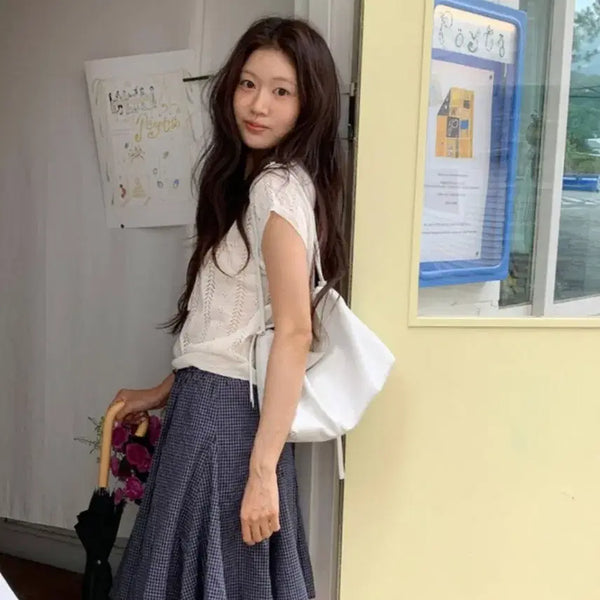 [BUNJANG] Underbee Melody Check Flare Midi Skirt Navy / 언더비 Meldy 체크 플레어 미디 스커트 네이비