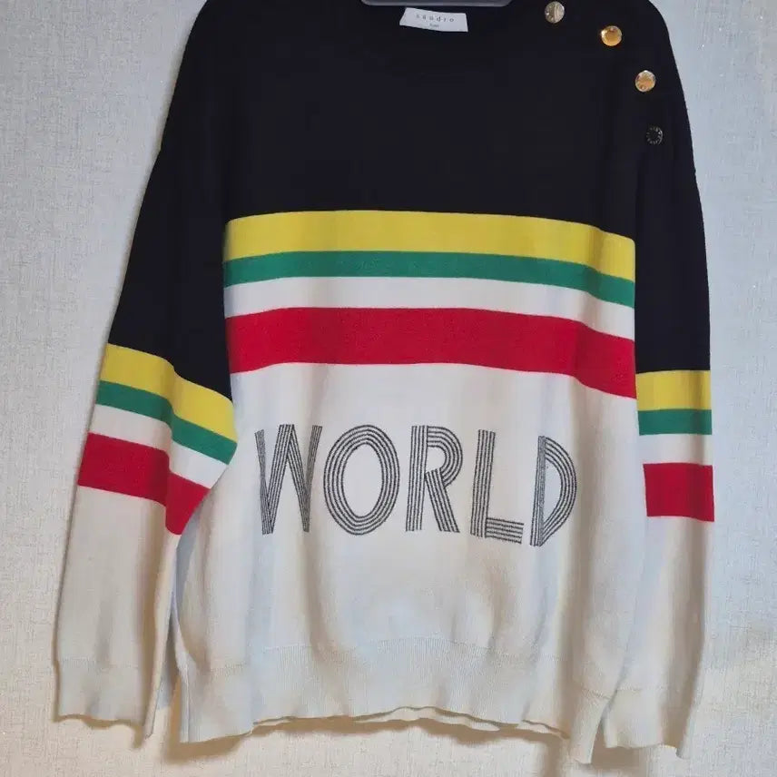 [BUNJANG] Sandro Striped "WORLDㆍLOVER" Lettering Knit / 산드로 스트라이프 월드 레터링 니트