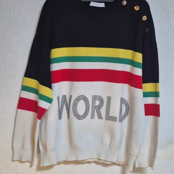 [BUNJANG] Sandro Striped "WORLDㆍLOVER" Lettering Knit / 산드로 스트라이프 월드 레터링 니트