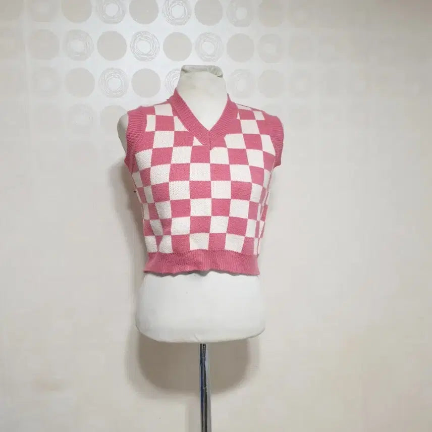 [BUNJANG] Checkerboard Cropped Knit Vest - Pink / 체커보드 니트조끼55 핑크조끼55 크롭조끼55