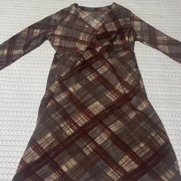 [BUNJANG] Check Pattern Long Sleeve Midi Dress / 체크 패턴 원피스 새상품