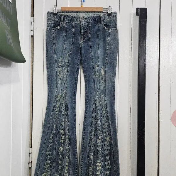 [BUNJANG] Women's Bootcut Jeans (Medium Wash, Distressed) / 여성 부츠컷 팬츠 XL 부츠컷청바지 중청 데미지 찢어진청바지 골반청바지 데님팬츠 B1095