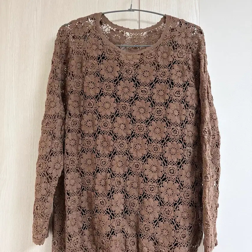 [BUNJANG] Brown Lace Pattern Hand-Knitted Sweater / 브라운 레이스 패턴 손뜨개 니트