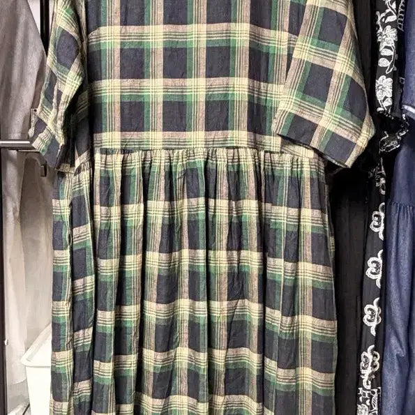 [BUNJANG] Checkered Linen Long Dress / (9월23일까지 추석세일)체크무늬 린넨원피스(새상품)