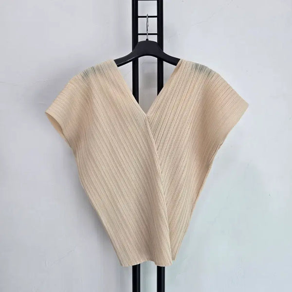 [BUNJANG] Pleats Please V-Neck Blouse Beige / 정품 플리츠미 PLEATSME 브이넥 블라우스
