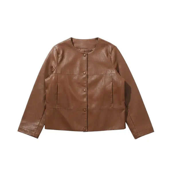 [BUNJANG] Women's Brown Lapel-less Leather Jacket / 여성F/ 브라운 노카라 레더자켓 38-56