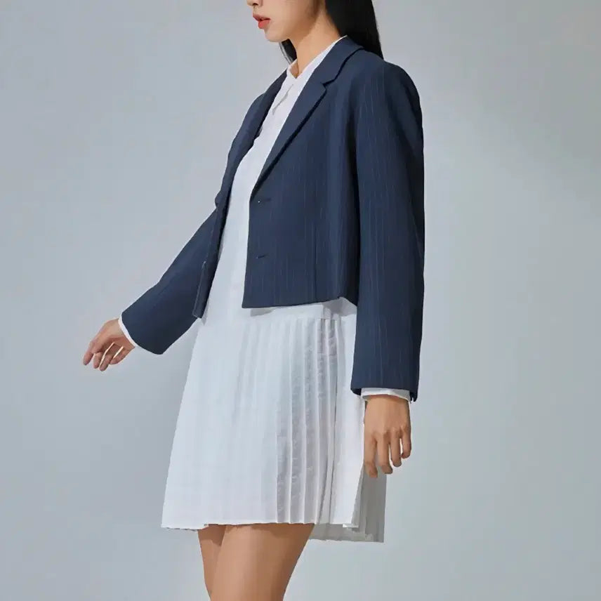 [BUNJANG] MIXXO Women's Striped Cropped Tailored Jacket Navy / (M)미쏘 여성 크롭 정장 자켓 스트라이프 네이비