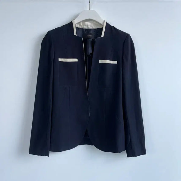 [BUNJANG] Jigott Color-Blocked Slim Line Collarless Navy Jacket / 지고트 배색 슬림 라인 노카라 네이비 자켓 -028