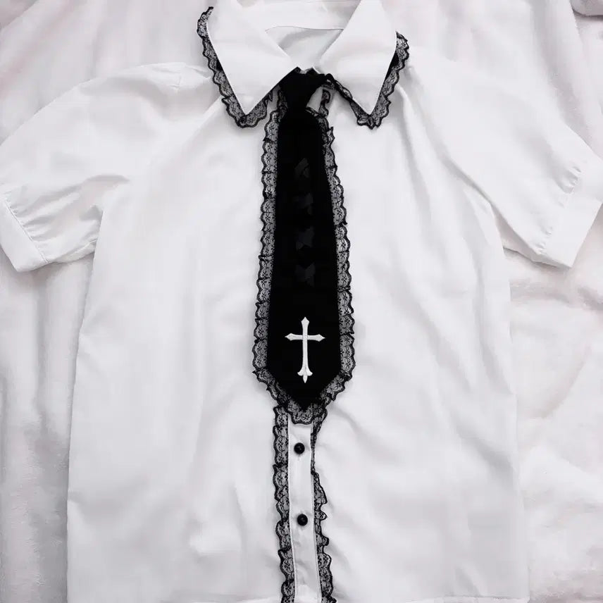 [BUNJANG] MA*RS Necktie Short-Sleeve Blouse / 마즈 MA*RS 넥타이 반팔 블라우스