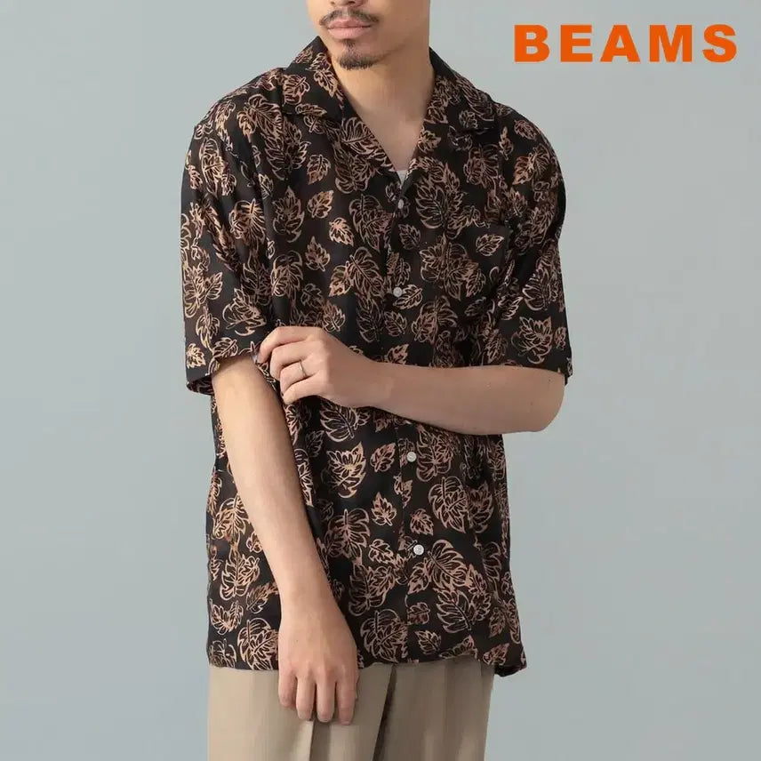 [BUNJANG] BEAMS F Linen Rayon Leaf Pattern Open Collar Shirt / 빔즈 에프 플라시드 리넨 레이온 리프패턴 오픈칼라 셔츠