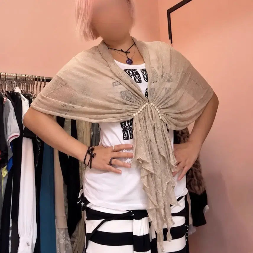 [BUNJANG] Archivex Beige Glitter Shawl Cardigan / 아카이브엑스 베이지 글리터 숄 가디건