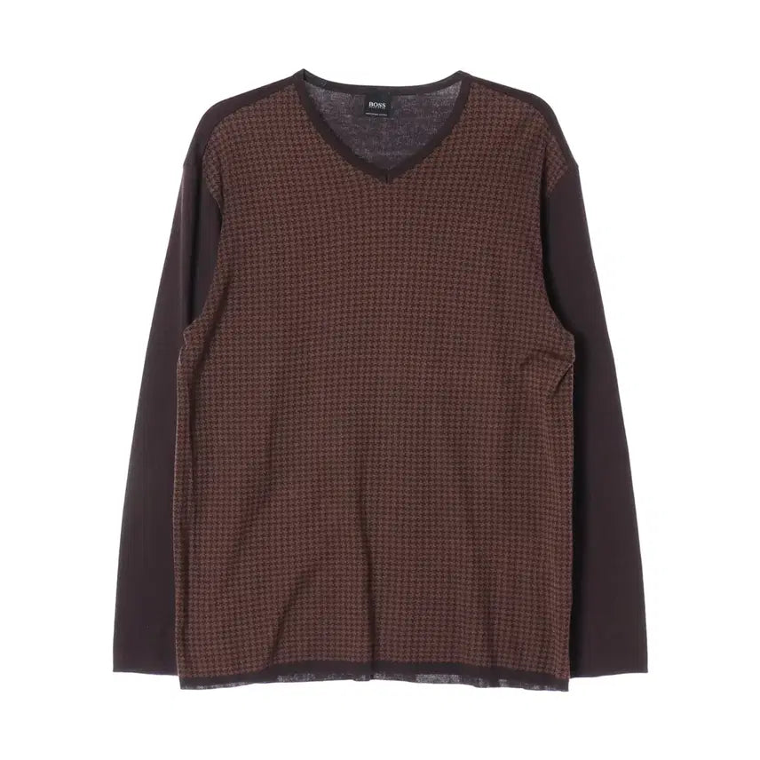 [BUNJANG] Hugo Boss Houndstooth Pattern Silk Cotton V-Neck Long Sleeve T-Shirt / 휴고 보스 하운드투스 패턴 실켓 코튼 브이넥 긴팔 티셔츠