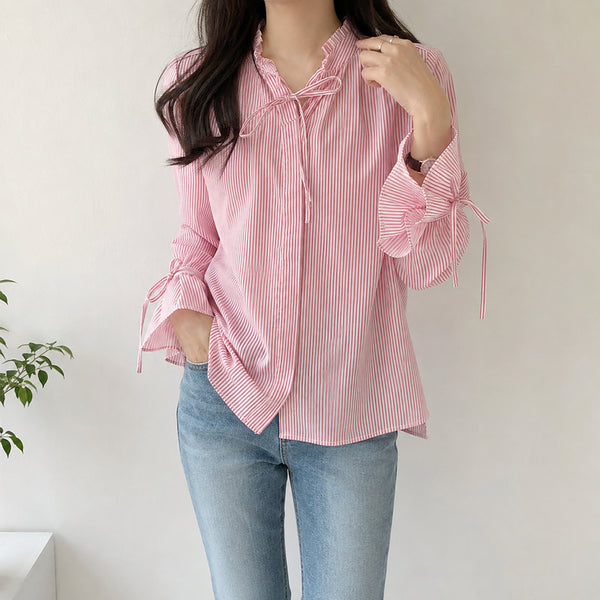 [BUNJANG] J.JIGOTT Striped Ribbon Blouse / [66]지컷 스트라이프 리본 블라우스