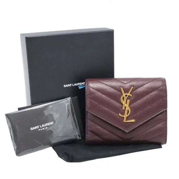 [BUNJANG] Saint Laurent Monogram Matelassé Envelope Compact Trifold Wallet / Saint Laurent(생로랑) 403943 버건디 모노그램 마틀라세 엔벨로프 금장 로고 컴팩트 3단 반지갑