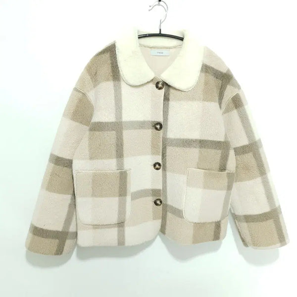 [BUNJANG] Women's Checkered Fur Short Coat Jacket / 트위 여성 체크 퍼 숏 코트 자켓 F_W0617