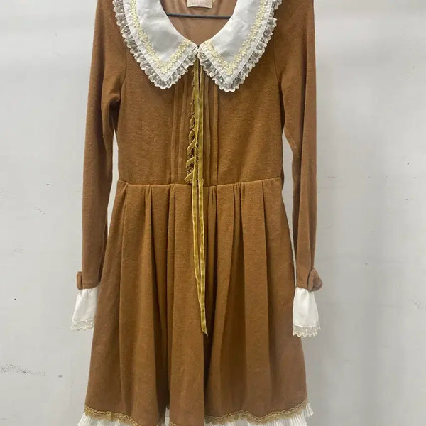 [BUNJANG] Lizlisa Brown Lace Ruffle Long Dress / 리즈리사 Lizlisa 갈색 레이스 프릴 원피스
