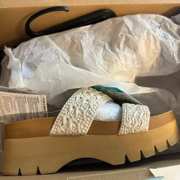 [BUNJANG] Leaf Sandals Beige Knit Strap Wedge / 리프 샌들 베이지색