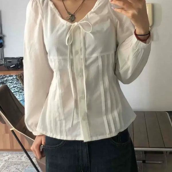 [BUNJANG] White Ribbon Puff Sleeve Blouse / 화이트 리본 퍼프 소매 블라우스