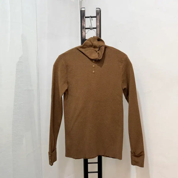 [BUNJANG] Brown High Neck Turtleneck Long Sleeve Knit Button Knit / 브라운 하이넥 목폴라 긴팔니트 단추니트 3674