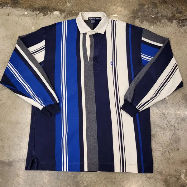 [BUNJANG] 90s Nautica Striped Rugby Shirt / 90s 미국 빈티지 노티카 스트라이프 럭비티 카라티셔츠