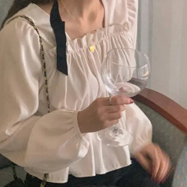 [BUNJANG] French of Square Neck Puff Frill Blouse - Ivory / 프렌치오브 스퀘어넥 퍼프프릴 블라우스 아이보리