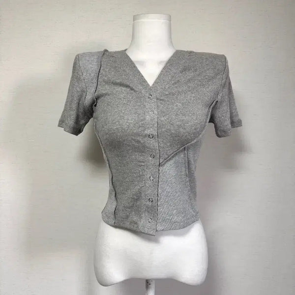 [BUNJANG] V-Neck Button Short Sleeve Top / 새상품) 반팔 브이넥 버튼 탑