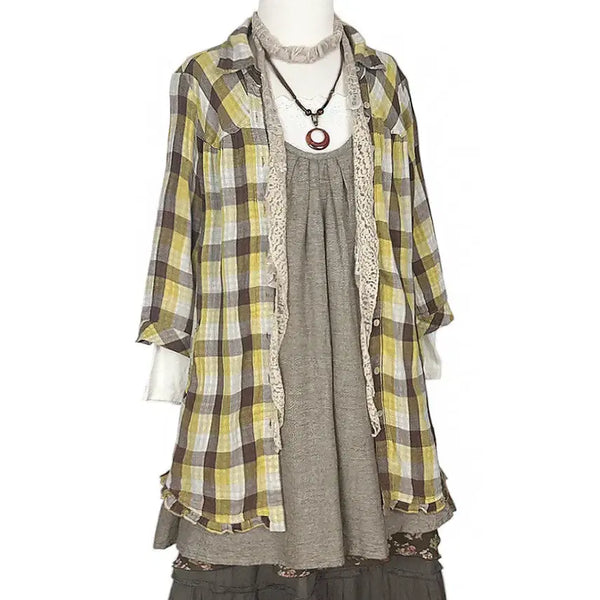 [BUNJANG] Japanese Vintage Frilled A-Line Check Long Shirt Dress - Yellow Brown / 일본빈티지 프릴A라인 체크롱셔츠원피스티 옐로우브라운 모리걸갸루y2k히피에스닉