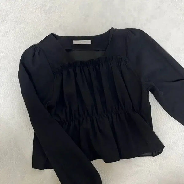 [BUNJANG] French of Square Neck Puff Frill Blouse Black / 프렌치오브 스퀘어넥 퍼프프릴 블라우스 블랙