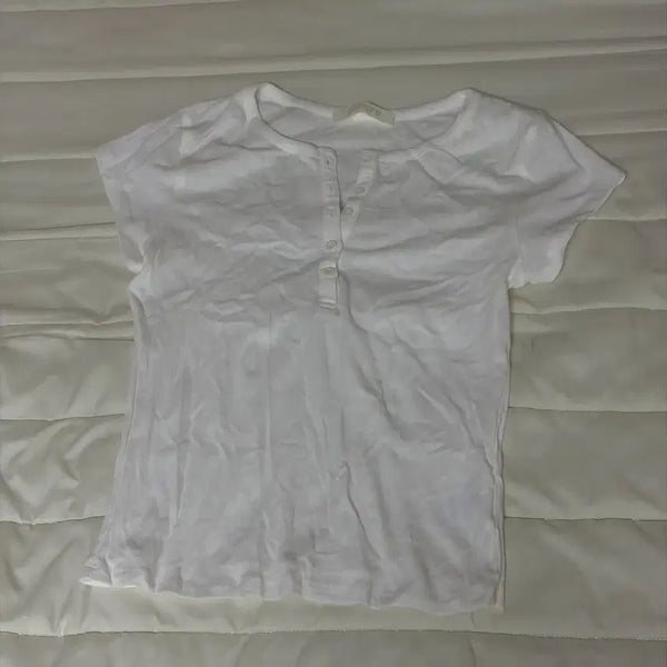 [BUNJANG] NUNU Basic White Button Short-Sleeve T-Shirt / 뉴뉴 기본 흰색 버튼 반팔티