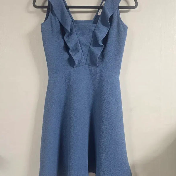 [BUNJANG] Sandro Blue Frill Square Neck Midi Dress / 산드로 블루 프릴 스퀘어넥 원피스