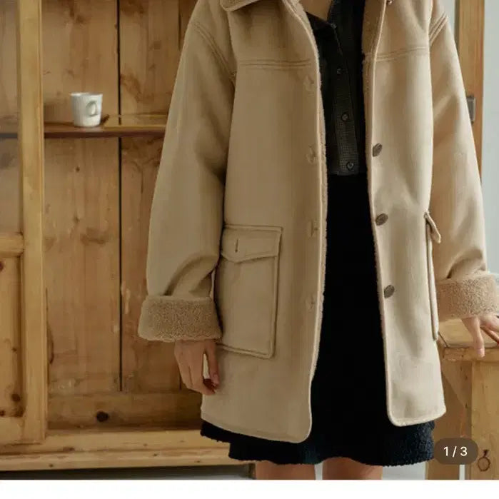 [BUNJANG] Unedit T Shearling Half Coat Mocha Beige / 언에디트 T 시어링 무스탕 하프 코트 모카 베이지