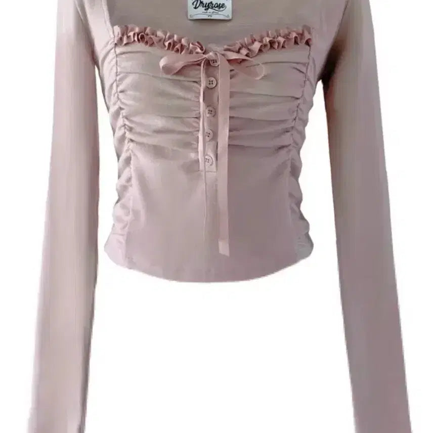 [BUNJANG] Dry Rose Shirring Lace Button Top Pink / 드라이로즈 셔링 레이스 버튼 탑 핑크