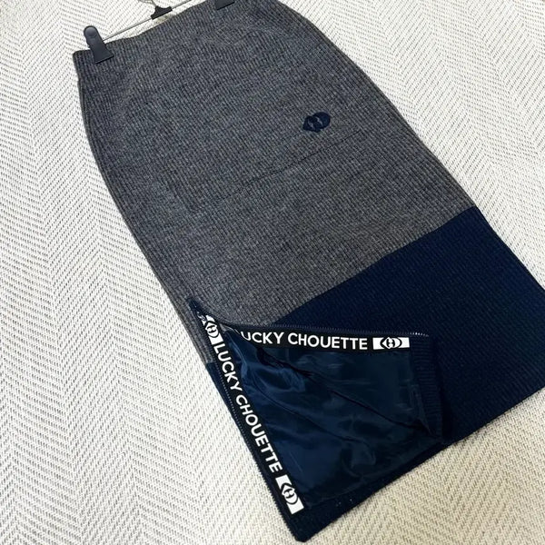 [BUNJANG] Lucky Chouette Hidden Lettering Knit Banding Skirt Grey Navy / 럭키슈에뜨 히든 레터링 니트 밴딩 스커트 그레이 네이비 지퍼 슬릿 조절 가을 겨울 방풍 치마