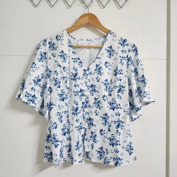 [BUNJANG] Blue Flower Pattern Blouse / [L] 블루 플라워 패턴 블라우스