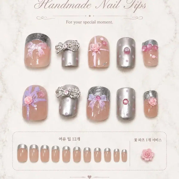 [BUNJANG] Pink Ribbon & Silver Redesign Nail Tips / 매력적인 핑크 리본 네일팁