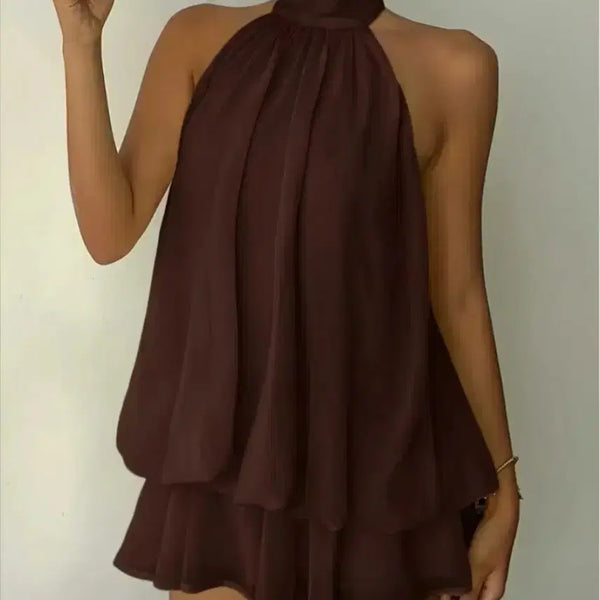 [BUNJANG] Halterneck Tiered Mini Dress - Brown / [휴양지]홀터넥 캉캉 미니 원피스 브라운