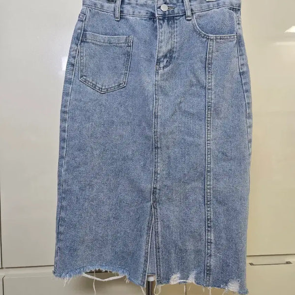 [BUNJANG] Denim Skirt Long Length with Distressed Cut Hem / 청치마 데님 스커트 롱 데미지 컷팅