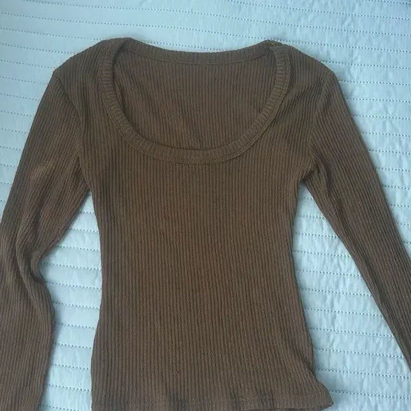 [BUNJANG] Ribbed Round Neck Long Sleeve Knit - Brown / 골지 라운드넥 긴팔 니트 브라운