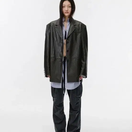 [BUNJANG] SEO Oversized Faux Leather Jacket, Black / 에스이오 OVERSIZED FAUX LEATHER JACKET, BLACK