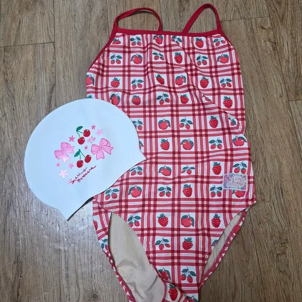 [BUNJANG] Looploop Strawberry Pattern Swimsuit and Swim Cap Set / 루프루프 스트로베리테이블