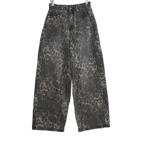 [BUNJANG] Leopard Wide Denim Pants Charcoal M / 레오파드 호피 와이드 데님 팬츠 차콜 M