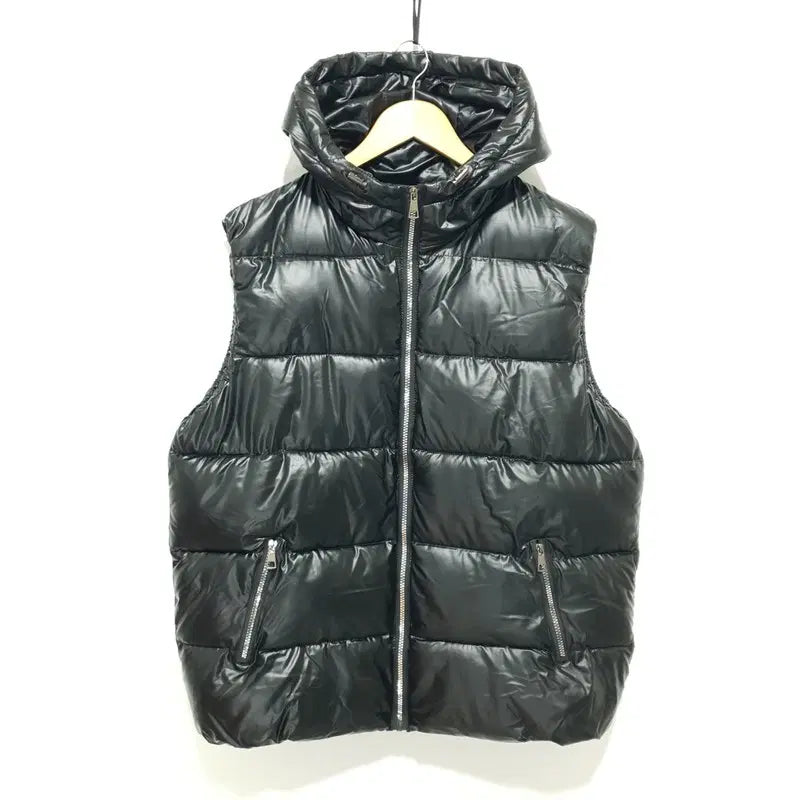 [BUNJANG] Black Glossy Hooded Vest Padded Jacket / 블랙 글로시 후드 조끼 패딩 105~110_W0647