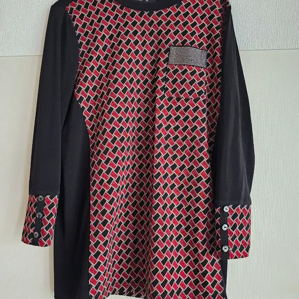 [BUNJANG] TOP K Color Block Long Sleeve Blouse / TOP K 체크 배색 롱 블라우스, 티셔츠