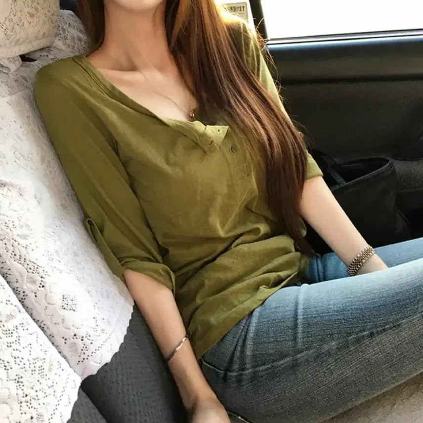 [BUNJANG] Holly Made Rolled Sleeve 7-Part Tee - Olive / 에이블리 홀리 made 여린 롤업 7부티 - 올리브