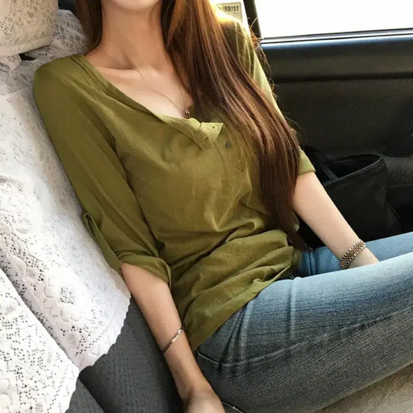 [BUNJANG] Holly Made Rolled Sleeve 7-Part Tee - Olive / 에이블리 홀리 made 여린 롤업 7부티 - 올리브