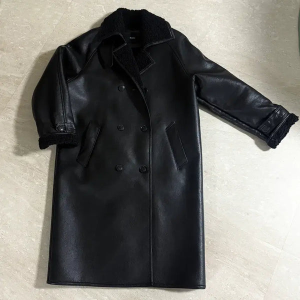 [BUNJANG] Vegan Leather Long Mustang Jacket / 비건 레더 롱무스탕