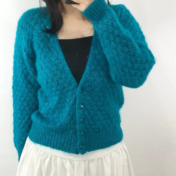 [BUNJANG] Teal Wool V-Neck Cardigan / 청록 울 브이넥 가디건