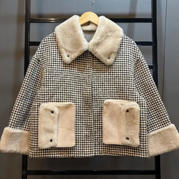 [BUNJANG] Houndstooth Wool Blend Fleece Color Block Short Jacket / [M] 하운드투스 양모 100% 후리스 배색 숏 자켓 5.9